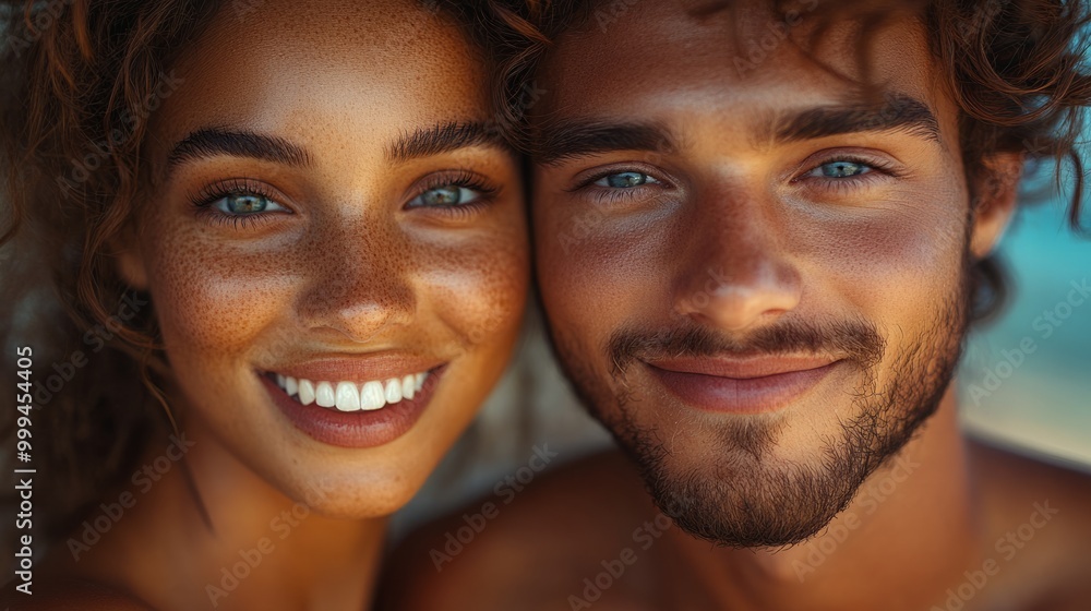 A man and a woman are smiling at the camera A man and a woman are smiling at the camera