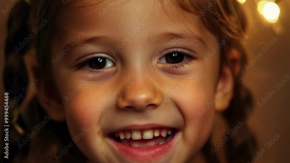 Close-up video of a girl transitioning from curiosity to excitement. warm lighting, 11 seconds Close-up video of a girl transitioning from curiosity to excitement. warm lighting, 11 seconds