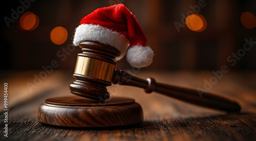 A Wooden Gavel with the Top Covered in a Santa’s Hat, Symbolizing Justice with a Holiday Twist, Placed on a Desk Surrounded by Festive Decorations, Blending Legal and Christmas Themes 