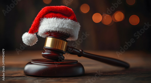 A Wooden Gavel with the Top Covered in a Santa’s Hat, Symbolizing Justice with a Holiday Twist, Placed on a Desk Surrounded by Festive Decorations, Blending Legal and Christmas Themes 