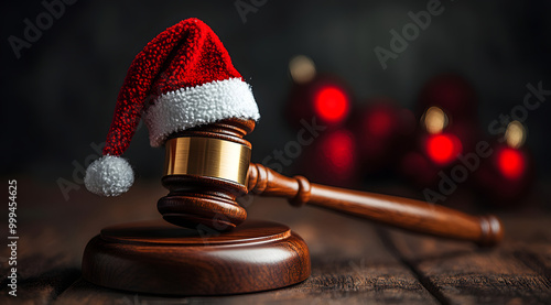 A Wooden Gavel with the Top Covered in a Santa’s Hat, Symbolizing Justice with a Holiday Twist, Placed on a Desk Surrounded by Festive Decorations, Blending Legal and Christmas Themes 