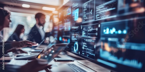 Wallpaper Mural Business professionals using the latest tech in meetings, such as digital projectors and collaborative apps, in a modern office. Torontodigital.ca