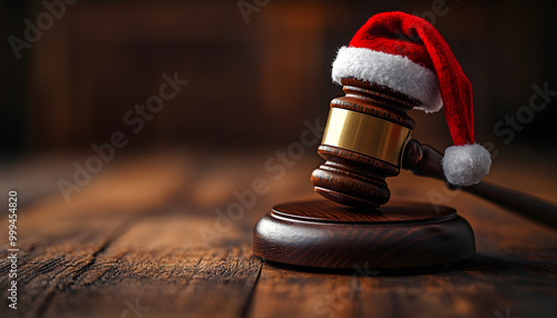 A Wooden Gavel with the Top Covered in a Santa’s Hat, Symbolizing Justice with a Holiday Twist, Placed on a Desk Surrounded by Festive Decorations, Blending Legal and Christmas Themes 