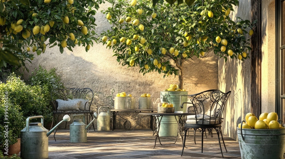 Fototapeta premium A sophisticated garden room featuring potted lemon trees