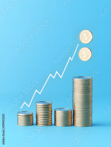 A stack of gold coins with a line graph showing a rising trend
