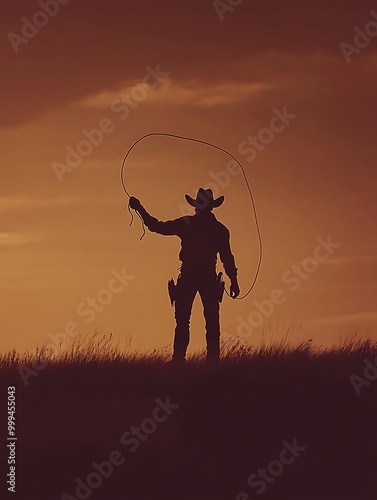 Cowboy Silhouette at Sunset with Lasso.