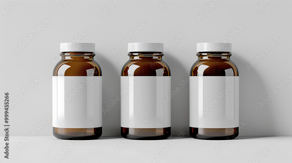 Three amber glass bottles with white labels and white lids on a white background.