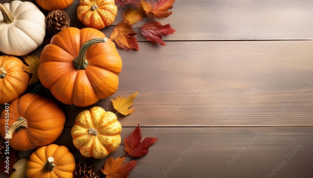 Autumn Harvest: Pumpkins, Leaves, and Wooden Background Autumn Harvest: Pumpkins, Leaves, and Wooden Background