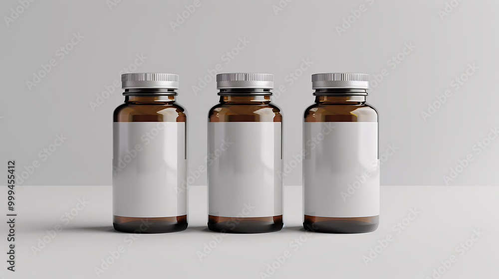 Three amber glass bottles with white labels and silver lids sit on a white surface against a white background. Three amber glass bottles with white labels and silver lids sit on a white surface against a white background.