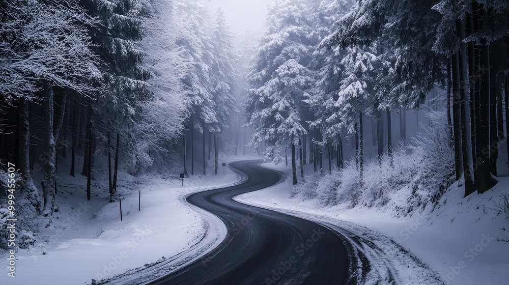 A winding road through a dense forest of snow-covered pines, the white branches forming a canopy overhead, while the road disappears into the fog ahead A winding road through a dense forest of snow-covered pines, the white branches forming a canopy overhead, while the road disappears into the fog ahead