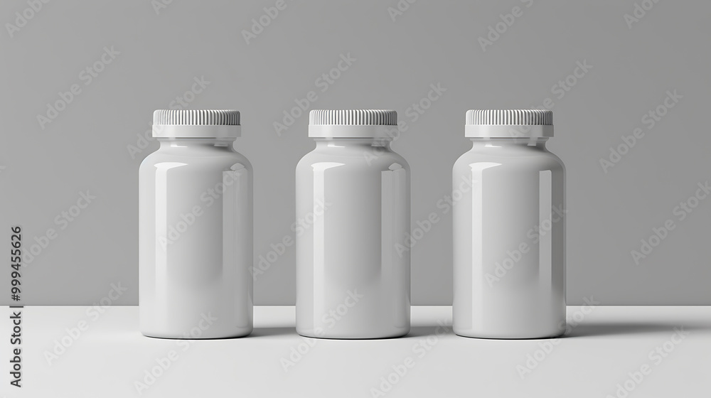 Three white pill bottles with white caps stand in a row on a white surface. Three white pill bottles with white caps stand in a row on a white surface.