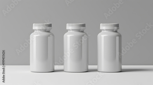 Three white pill bottles with white caps stand in a row on a white surface.