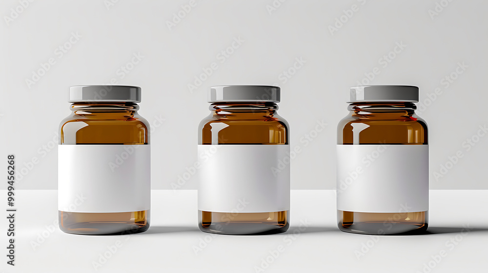 Three amber glass bottles with white labels, perfect for showcasing your product or brand. Three amber glass bottles with white labels, perfect for showcasing your product or brand.