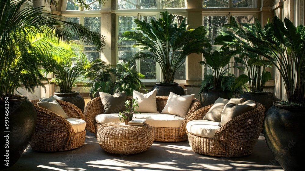 A stylish sunroom featuring rattan furniture with plush cushions A stylish sunroom featuring rattan furniture with plush cushions