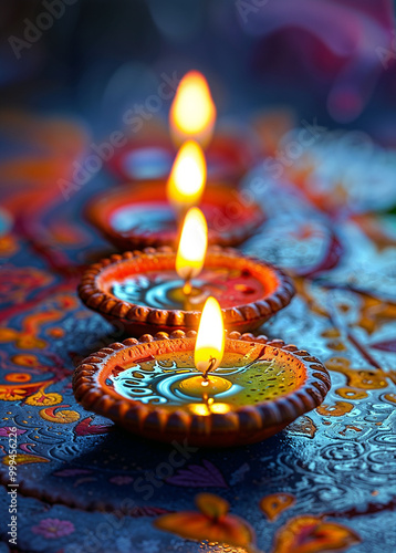 Indian festival Diwali, Diya oil lamps lit on colorful rangoli. Hindu traditional. Happy Deepavali. Copy space for text.