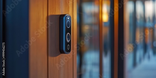 a smart doorbell camera, with visible lens and motion sensor, encased in a sleek housing, representing advanced home security technology.