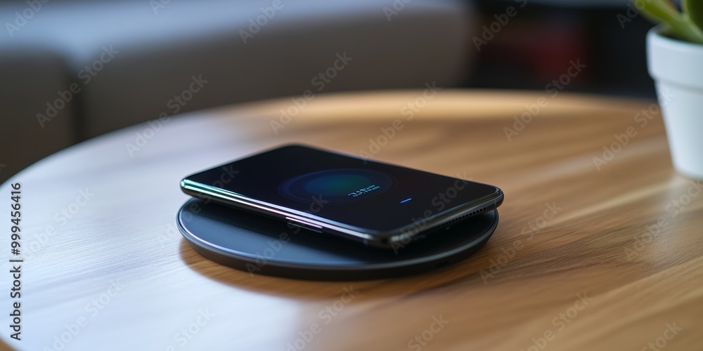 Focused image of a wireless charging pad with a smartphone placed on it, displaying charging status, highlighting modern convenience technology. Focused image of a wireless charging pad with a smartphone placed on it, displaying charging status, highlighting modern convenience technology.
