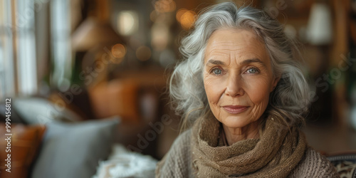 Serious yet warm elderly woman sitting in her well-decorated home, casually looking at the camera, representing senior wellness and care.