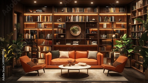 A modern living room with a comfortable orange couch, two armchairs, a coffee table, and a large bookshelf filled with books.