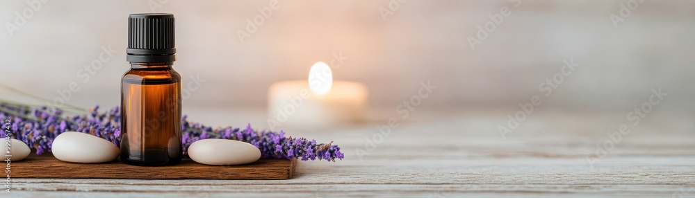 A calming scene featuring a lavender essential oil bottle, candles, and smooth stones for relaxation and wellness. A calming scene featuring a lavender essential oil bottle, candles, and smooth stones for relaxation and wellness.