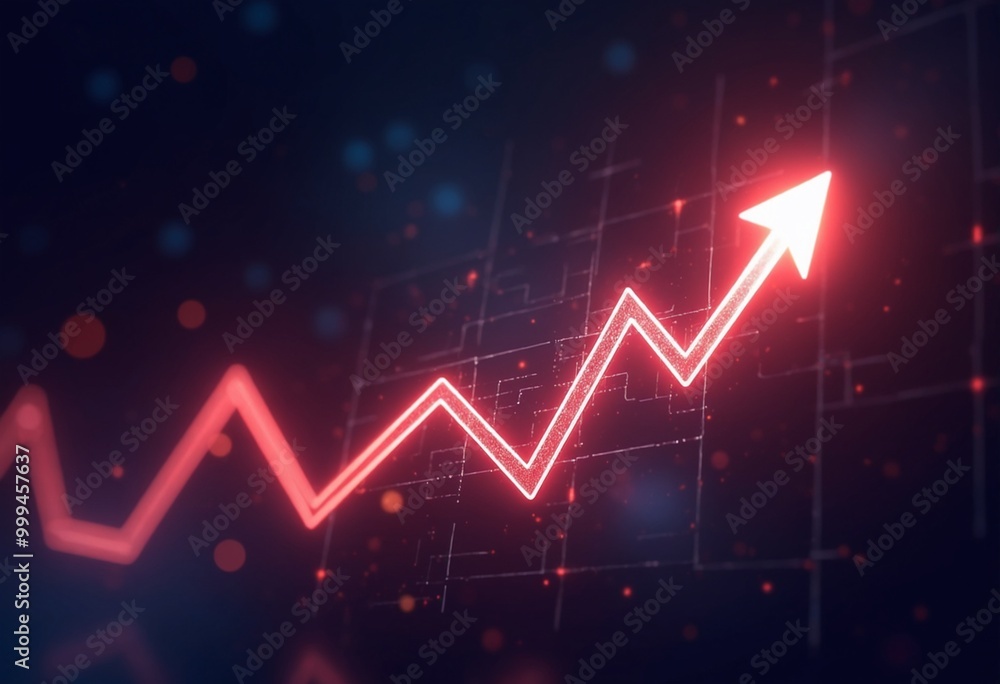 Naklejka premium Abstract digital background with glowing arrows pointing upwards, representing growth, progress, investment economy, futuristic upward arrow graph. Big data and business growth