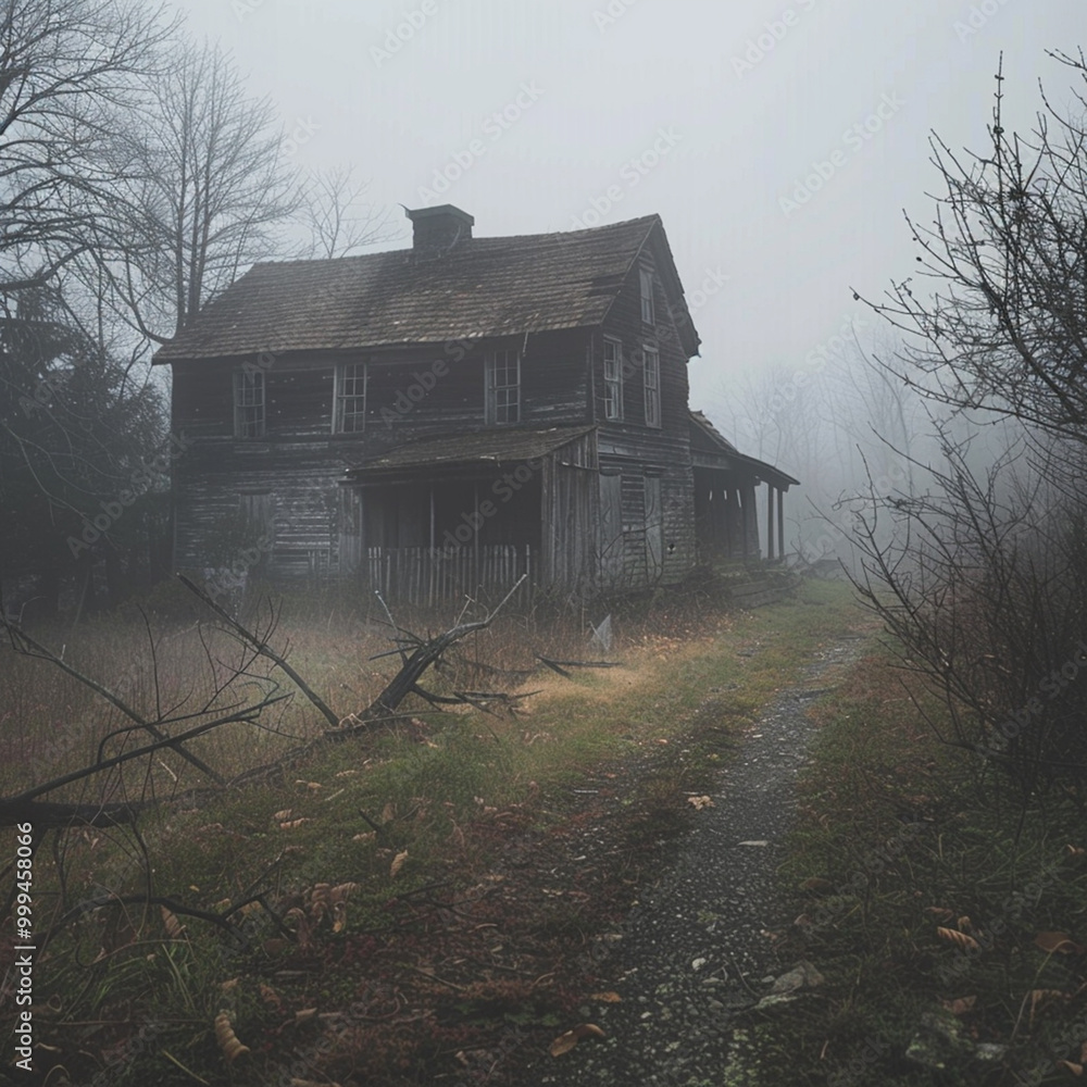 Obraz premium Old haunted abandoned ghost town village in scary misty atmosphere,