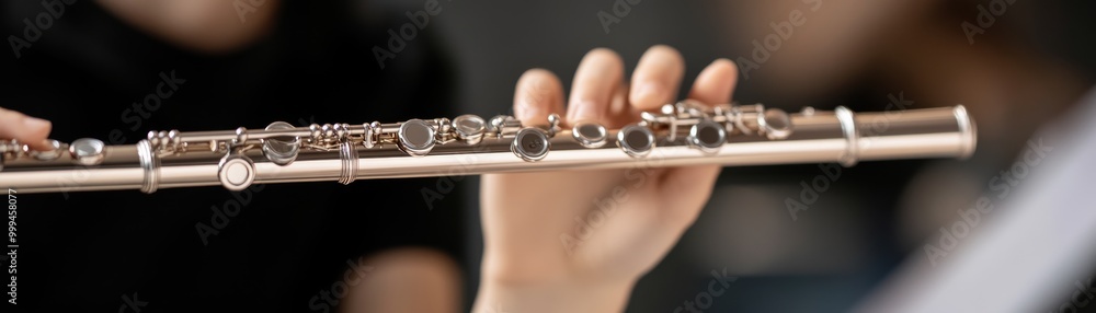 A close-up of a musician's hand holding a flute, capturing the elegance and artistry of playing this beautiful instrument. A close-up of a musician's hand holding a flute, capturing the elegance and artistry of playing this beautiful instrument.