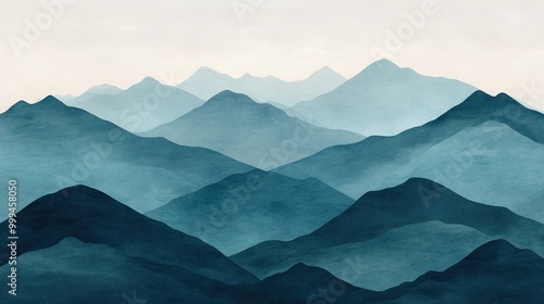 A serene landscape featuring layered mountains in calming blue tones.