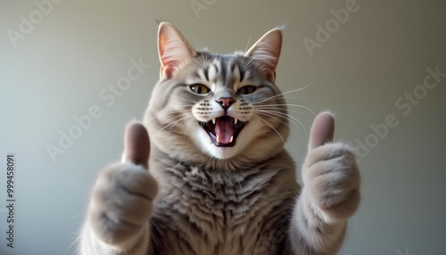 A cat is giving thumbs up to the camera