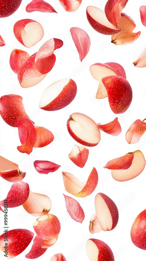 Sliced Red Apples and Petals Floating on White Background Generative AI Sliced Red Apples and Petals Floating on White Background Generative AI