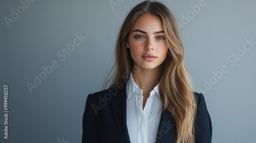 Young businesswoman in a business suit, captured in full length with a simple background that highlights her attire