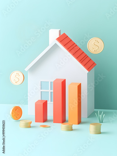 A house with a red roof and orange bars sits on a blue background
