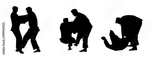 Set of Judo men Silhouettes isolated white background. Vector Illustration