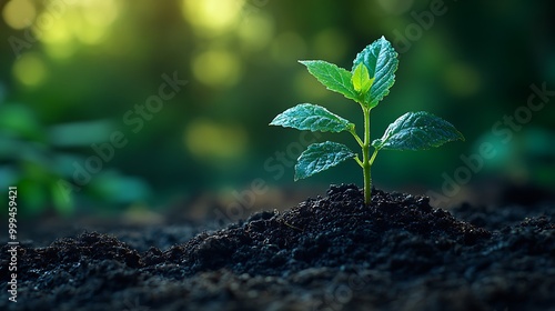 A single green sprout growing from rich dark soil with sunlight filtering through the leaves in the background.