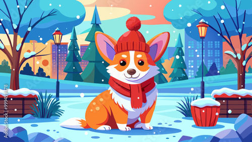 cute red corgi dog sitting in the park vector cartoon illustration, snow and trees, winter landscape background