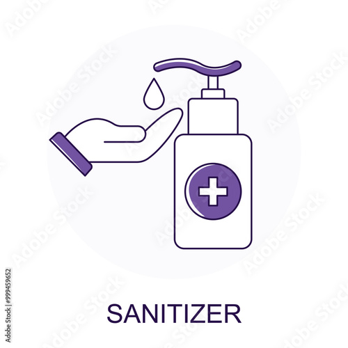 Vector icon for Sanitizer. Hand using sanitizer bottle representing hygiene and health safety measures.