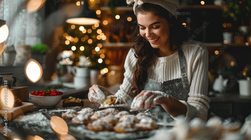 A woman in a cozy kitchen decorates pastries with powdered sugar, surrounded by warm holiday lights. A woman in a cozy kitchen decorates pastries with powdered sugar, surrounded by warm holiday lights.
