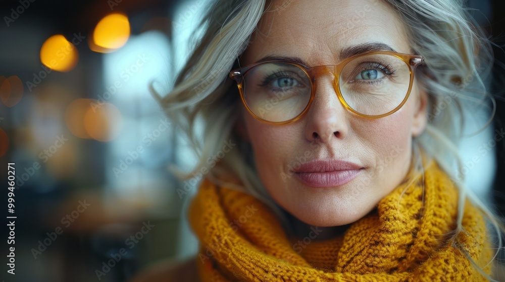 A woman with glasses and a yellow scarf is smiling A woman with glasses and a yellow scarf is smiling