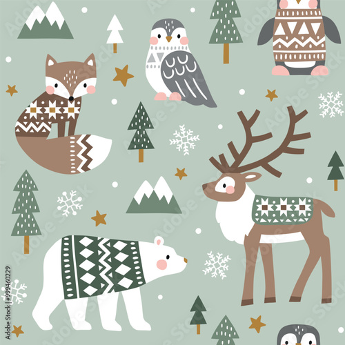Seamless vector pattern with cute polar animals. Reindeer, fox, owl, bear and penguin. Nordic forest illustration. EPS 10 vector file. Perfect for textile, wallpaper or nursery print design.