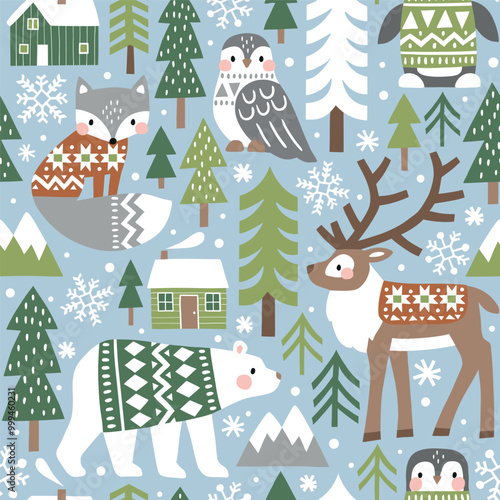 Seamless vector pattern with cute polar animals. Reindeer, fox, owl, bear and penguin. Nordic forest illustration. EPS 10 vector file. Perfect for textile, wallpaper or nursery print design.