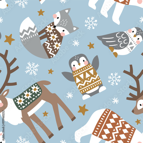Seamless vector pattern with cute polar animals. Reindeer, fox, owl, bear and penguin. Nordic forest illustration. EPS 10 vector file. Perfect for textile, wallpaper or nursery print design.