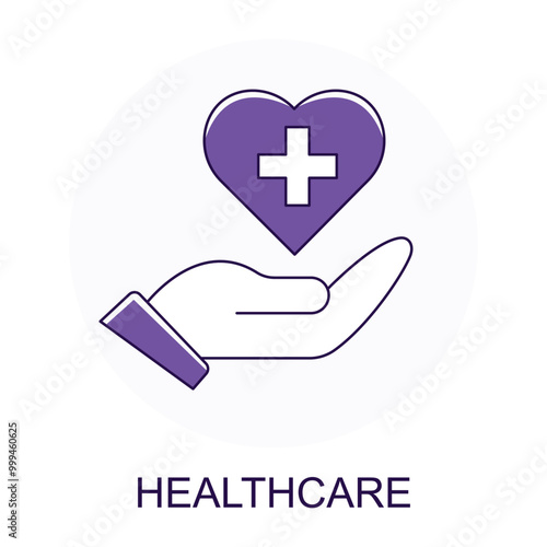 Vector icon for Healthcare. Hand holding a heart symbol with a cross to represent medical services and health support.