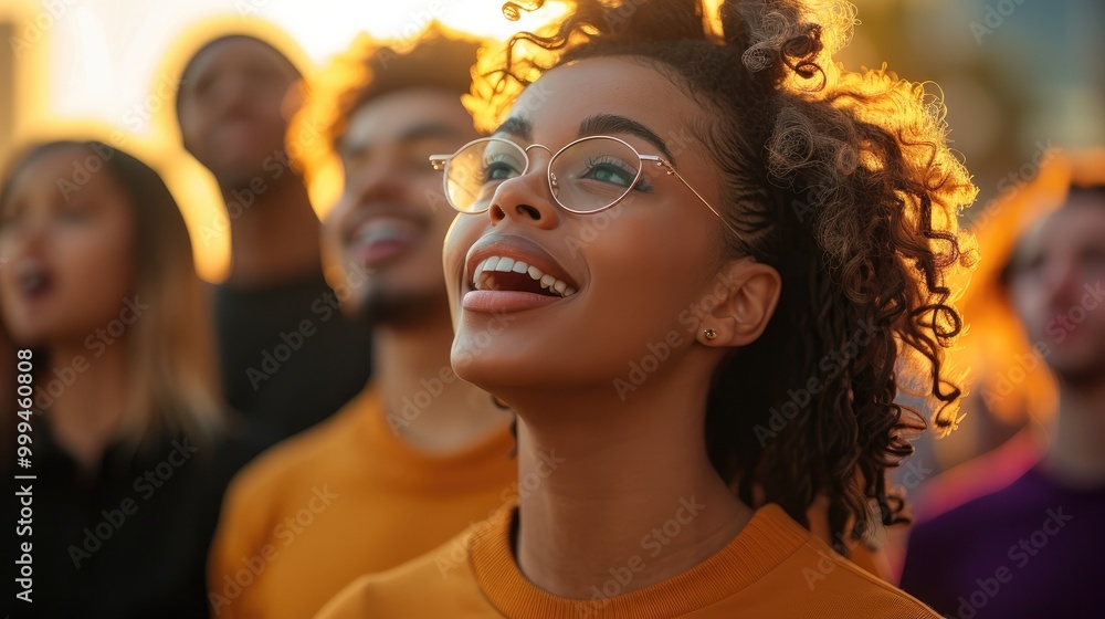 Urban street choir performance, mixed ages and races, contemporary casual wear, gritty city background. Urban street choir performance, mixed ages and races, contemporary casual wear, gritty city background.
