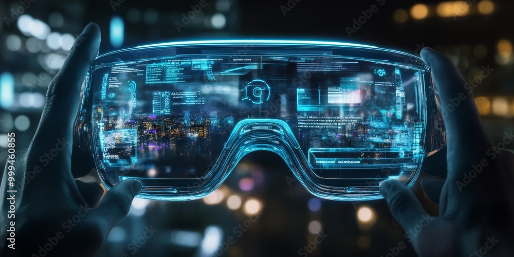 Futuristic personal tech with a holographic interface, seamlessly connecting to a virtual reality world, showcasing cutting-edge design. Futuristic personal tech with a holographic interface, seamlessly connecting to a virtual reality world, showcasing cutting-edge design.