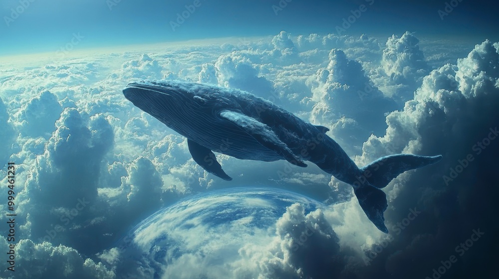 Naklejka premium Surreal Whale Swimming in a Dreamlike Sky