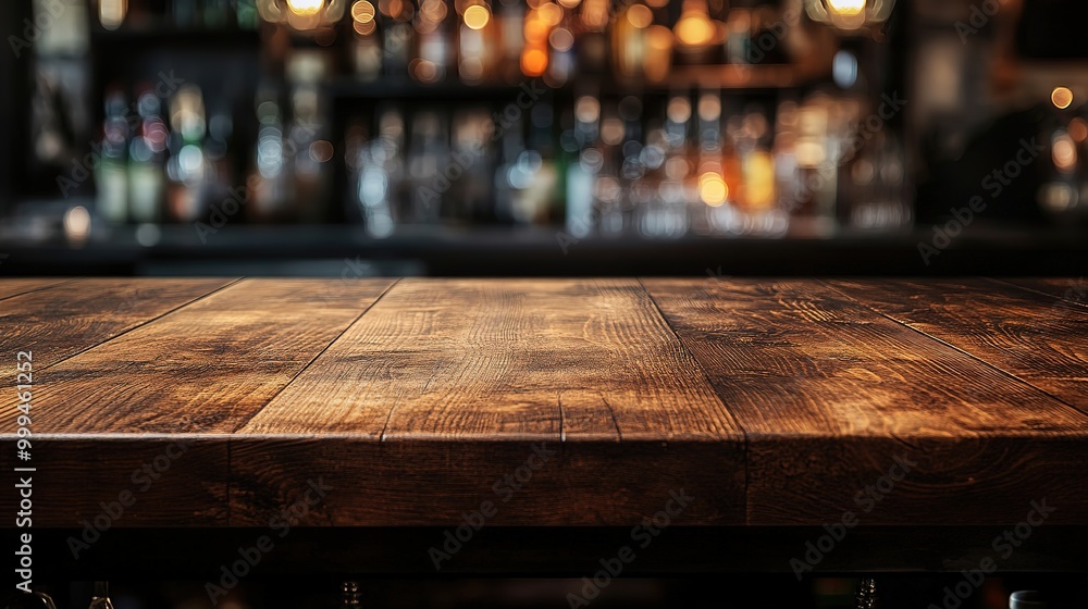 Wooden brown tabletop on the background of a blur bar. Blank countertop mockup for product presentation. Clean platform for drinks Wooden brown tabletop on the background of a blur bar. Blank countertop mockup for product presentation. Clean platform for drinks