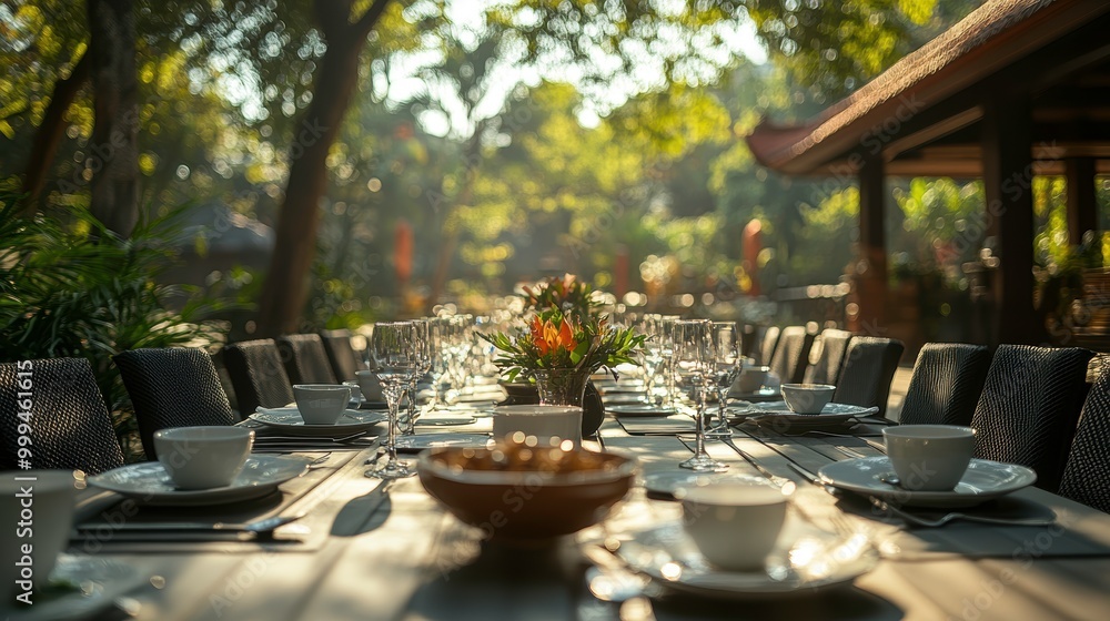 Fototapeta premium Elegant Outdoor Corporate Event Setting with Tableware