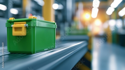 Green storage box on conveyor belt in modern warehouse environment.