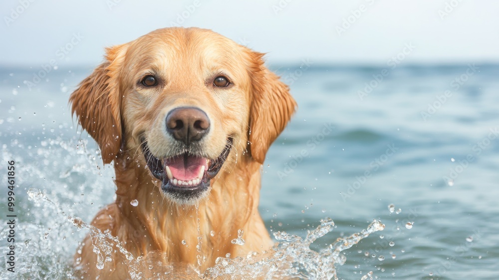 A joyful golden retriever splashes in the water, exuding happiness and energy in a sunny outdoor setting. A joyful golden retriever splashes in the water, exuding happiness and energy in a sunny outdoor setting.