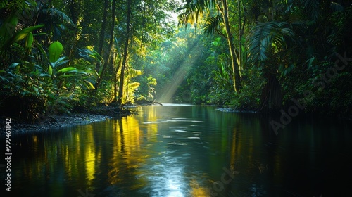 Serene Jungle Reflection on Calm Water Surface